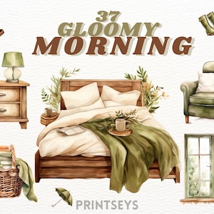 Paquete de imágenes prediseñadas de la mañana lluviosa y sombría de acuarela, clima sombrío, imágenes prediseñadas acogedoras, imágenes prediseñadas de otoño, muebles, oliva y marrón, vintage, rústico