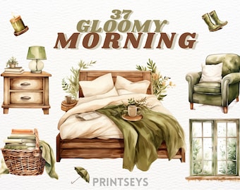 Watercolour rainy gloomy morning clipart bundle, gloomy weather, cozy clipart, autumn clipart, furniture, olive and brown, vintage, rustic