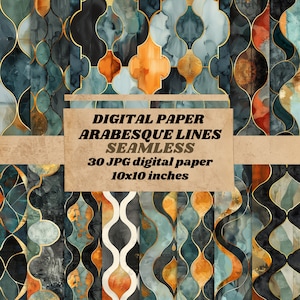 Könnte beinhalten: 30 digitale Papiere mit nahtlosen geometrischen Mustern in Blautönen, Orange und Gold. Die Muster sind von arabesken Linien inspiriert und haben eine Größe von 25,4 x 25,4 cm.