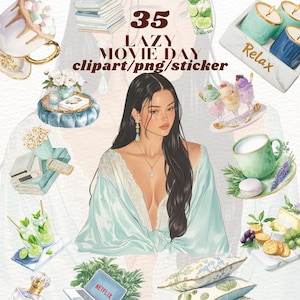 Adesivi digitali Cozy Lazy Day, Clipart Pastel Mint, film PNG Light Denim e decorazioni estetiche rilassanti, giornate di relax per la cura di sé, goodnotes