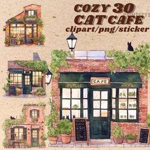 Pacote de adesivos digitais Cozy Vintage Cat Cafe, conjunto de clipart de café em aquarela, png transparente de goodnote de café, download de diário transparente