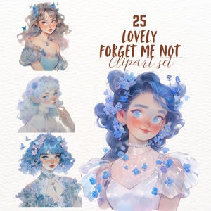 Bundle de clipart fée fleur de ne m'oublier pas, autocollants féminins goodnotes, travaux manuels en papier floral printanier, png transparent fantaisiste, girly mignonne