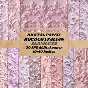 Könnte beinhalten: Ein Set mit 30 digitalen Papieren mit einem nahtlosen Muster im italienischen Rokoko-Stil in Rosa und Weiß. Jedes Papier ist 25,4 x 25,4 cm groß.