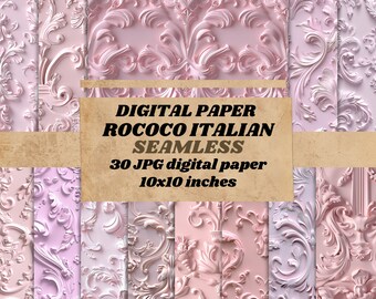 Italienisches Rokoko Muster, digitales Papier, barocker, rosafarbener, nahtloser Scrapbooking Hintergrund, romantische Vintage Textur, Papier Papier zum ausdrucken
