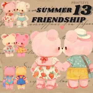 Cute Teddy bear summer friends  digital sticker, vintage summer clipart bundle, transparent,instant download, vintage beach funtime clipart,