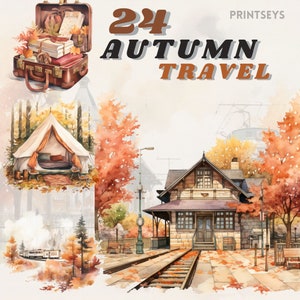 Aquarell Herbst Reise, Clipart, gemütliche Herbst, sofortiger Download, Herbst Wandern, Zug, Heißluftballon, Koffer, Vintage Spaziergänge