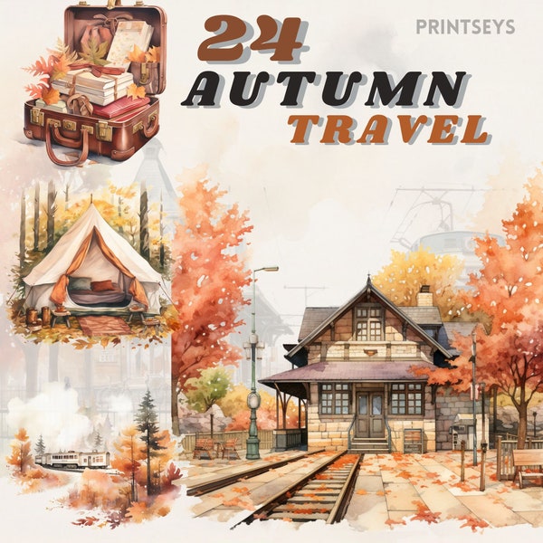 Watercolour Autumn travel, clipart bundle,  cozy fall, transparent, instant download, fall hiking, train, air baloon, suitcase,vintage walks