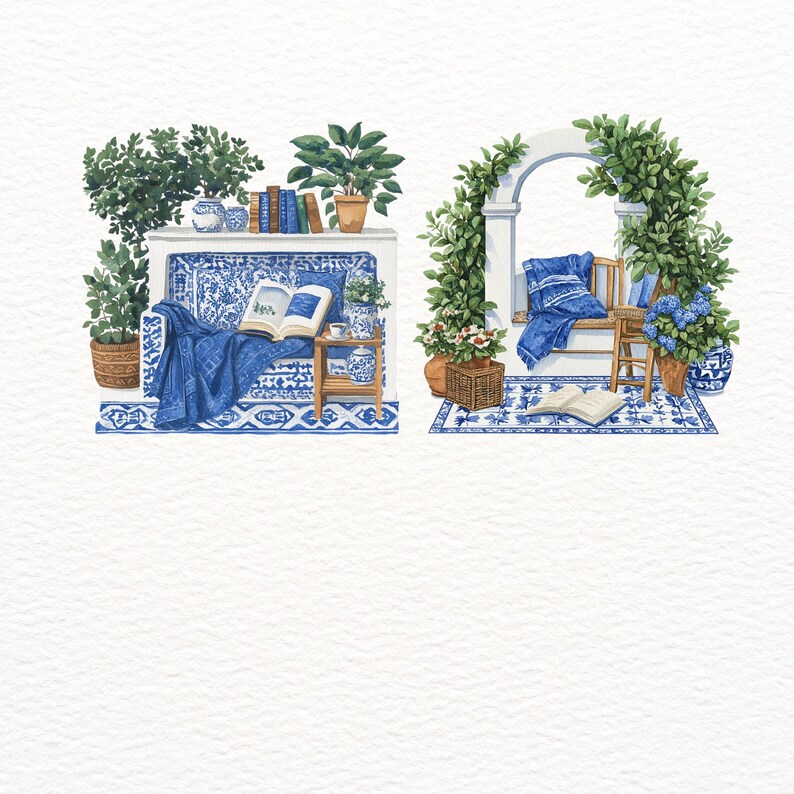Puede incluir: Dos ilustraciones de acogedoras esquinas de lectura. La primera presenta una chimenea de azulejos azules y blancos con una manta azul y un libro en un sof&aacute;. La segunda muestra un patio de azulejos azules y blancos con un banco, un libro y una planta en maceta.