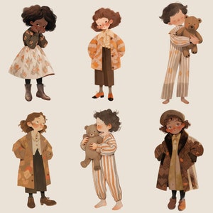 May include: Six illustrated children wearing different outfits and holding teddy bears. The children are wearing brown, white, and blue clothing. The teddy bears are brown and white.
