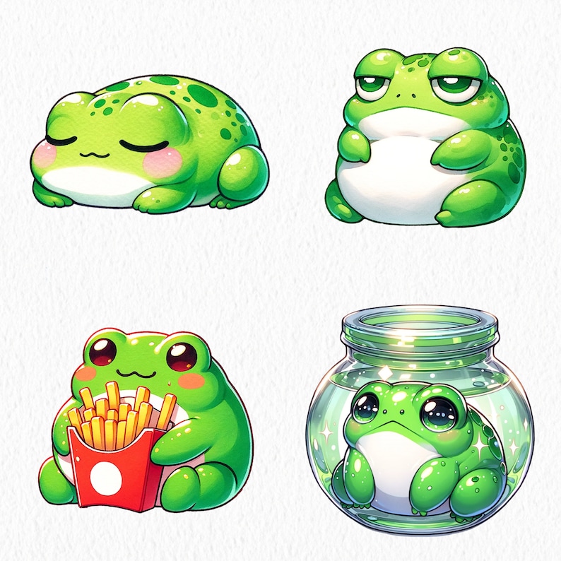 May include: Four illustrations of green frogs in different poses. One frog is lying down, another is sitting up with its arms crossed, another is holding a box of french fries, and the last frog is inside a glass jar.