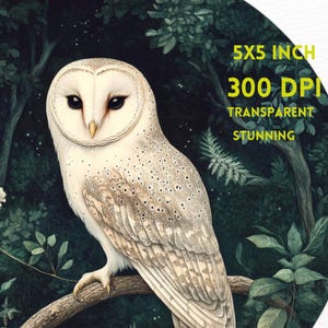 Peut inclure: Un hibou des granges blanc avec des taches brunes perch&eacute; sur une branche dans un d&eacute;cor de for&ecirc;t sombre. Le hibou a de grands yeux noirs et un visage blanc. L'arri&egrave;re-plan est vert fonc&eacute; avec des feuilles et des branches. L'image mesure 12,7x12,7 cm et 300 DPI, est transparente et magnifique.