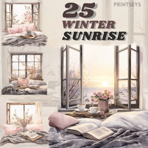 Acogedor paquete de imágenes prediseñadas del amanecer de la mañana de invierno, diario, vintage, estética, vela, flores, transparente, acogedor invierno, cottagecore, instantáneo