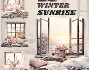 Puede incluir: Ilustración en acuarela con ventanas abiertas con vistas al amanecer de invierno. La imagen incluye escenas acogedoras de dormitorios con almohadas, libros y arreglos florales. El texto "25 Winter Sunrise" se muestra en la parte superior.