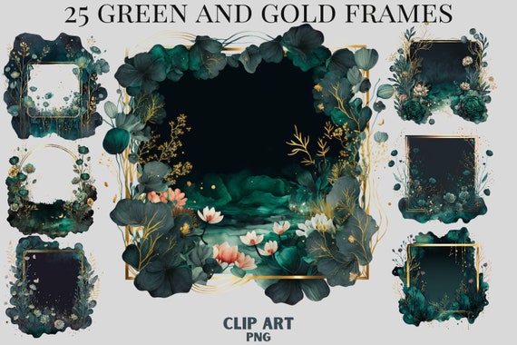 Watercolour Celestial Green Gold Floral  Frame Clipart bundle, gold and black stars, image border clipart, dark aesthetic,  water clipart