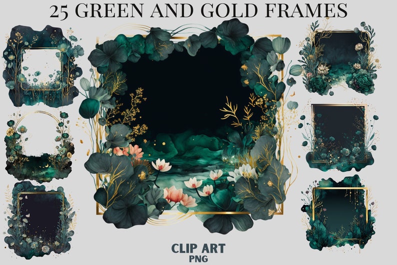 May include: 25 green and gold frames with floral and foliage designs. The frames are perfect for adding a touch of elegance to your projects. Clip art PNG.