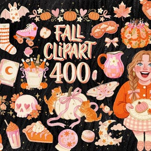 May include: A digital collection of autumn-themed illustrations on a black background featuring the text FALL CLIPART 400. Elements include a lantern, bat, roller skate, pumpkins, a book, champagne, a skull, kittens, a moth, and a person holding a plate.