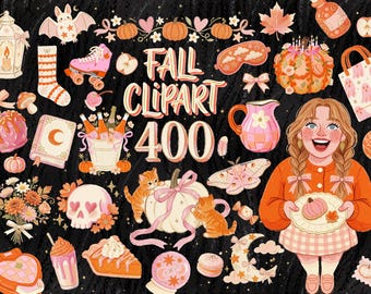 400+ Fall Clipart Bundle PNG, Pink Orange Autumn Clipart for Goodnotes, Cozy Influencer Girls, Pumpkins, Florals, Animals