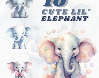 Acuarela lindo adorable paquete de imágenes prediseñadas de elefante, elefante bebé, imágenes prediseñadas de guardería, imágenes prediseñadas de animales, imágenes prediseñadas para niños, imágenes prediseñadas lindas