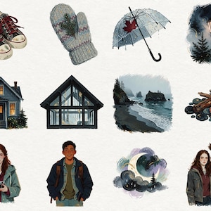May include: A collection of twelve distinct illustrations featuring a pair of sneakers, a knit mitten with a pine sprig, a clear umbrella with a maple leaf, a streetlamp, a house, a cabin, a coastal scene, driftwood, two individuals, and a moon.