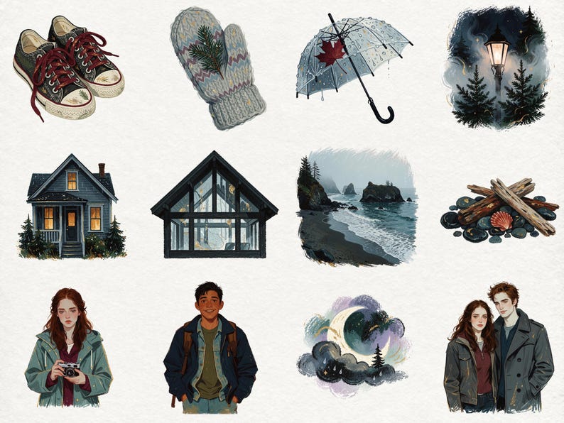 May include: A collection of twelve distinct illustrations featuring a pair of sneakers, a knit mitten with a pine sprig, a clear umbrella with a maple leaf, a streetlamp, a house, a cabin, a coastal scene, driftwood, two individuals, and a moon.