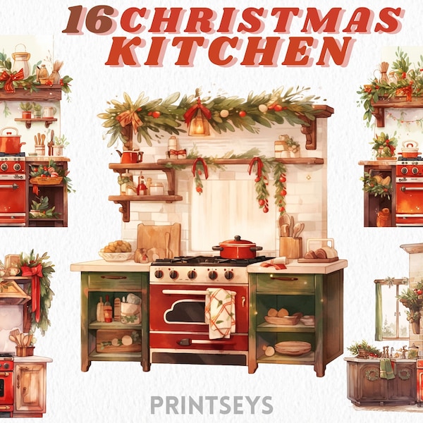 Cozy Christmas Cottage Kitchen Clipart bundle, Whimsical christmas png, Holiday, cottagecore clipart, christmas clipart,transparent