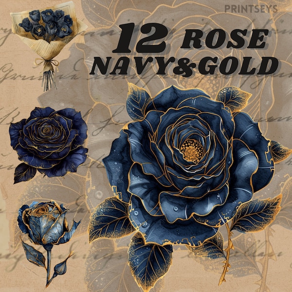 Gothic Navy and Gold Rose digital sticker, watercolour rose clipart, rose illustration, floral clipart, watercolour flower clipart,