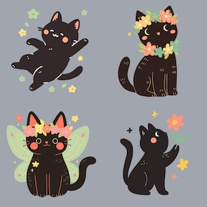 May include: Four black cats with different floral accents. One cat is wearing a flower crown, another has fairy wings, another is holding a flower, and the last cat is floating with flowers around it.