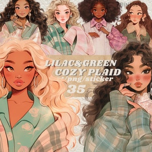 Könnte beinhalten: Digitale Illustration von fünf Frauen mit verschiedenen Frisuren, die karierte Hemden in Grün- und Lilatönen tragen. Der Text "Lilac & Green Cozy Plaid /png/sticker 35" befindet sich in der Mitte des Bildes.