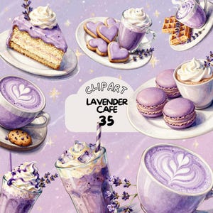 May include: Watercolor illustration of various lavender-themed cafe items. Includes a slice of cake, heart-shaped cookies, coffee, macarons, waffles, and a drink with ice. The image has the text "CLPART LAVENDER CAFE 35".