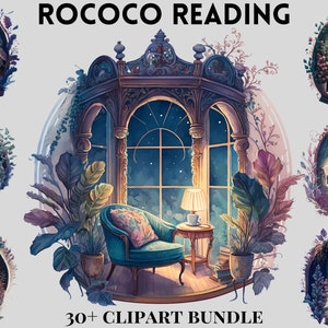 Watercolour Bookworm cozy rococo reading corner clipart bundle, bookshelf, bookcase, aesthetic, png,, library, interiour, night