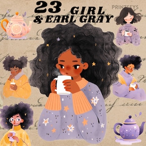 Earl Gray tea girl digital stickers, cozy tea drinking clipart journaling,cozy homey png, whimsical sticker, transparent, scrapbooking,relax