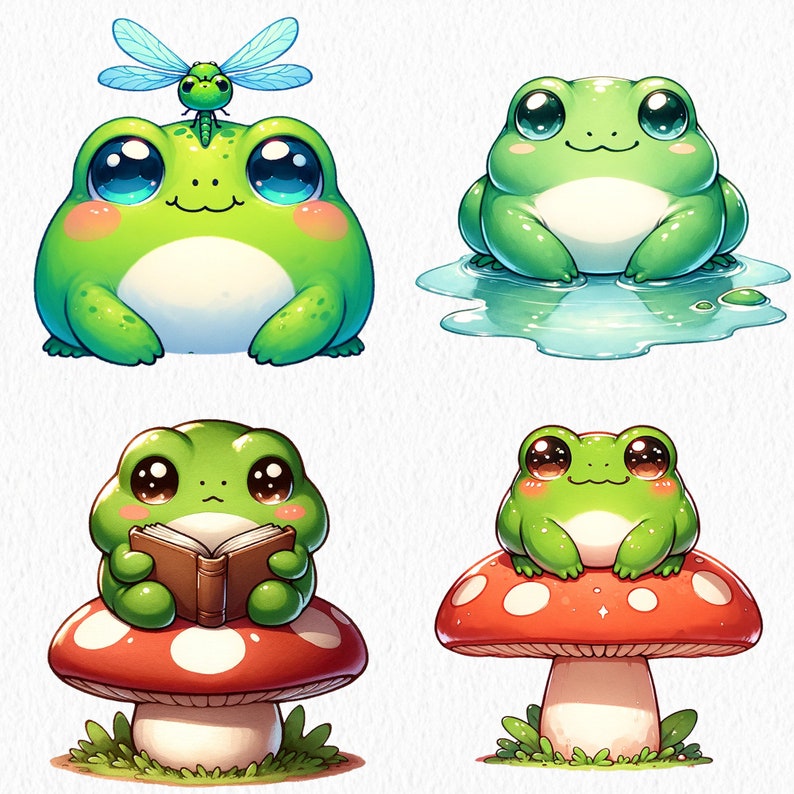 May include: Four cartoon frogs with big eyes. One frog is sitting on a mushroom, another is reading a book on a mushroom, one is sitting in a puddle, and one has a dragonfly on its head.