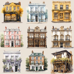 Watercolour Vintage Georgian London houses clipart bundle, retro building png,bookstore png, bakery , transparent, digital sticker image 5