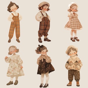May include: Six illustrations of children wearing different outfits. The children are all girls with brown hair and are wearing various styles of dresses, pants, and sweaters. The illustrations are done in a soft, watercolor style.