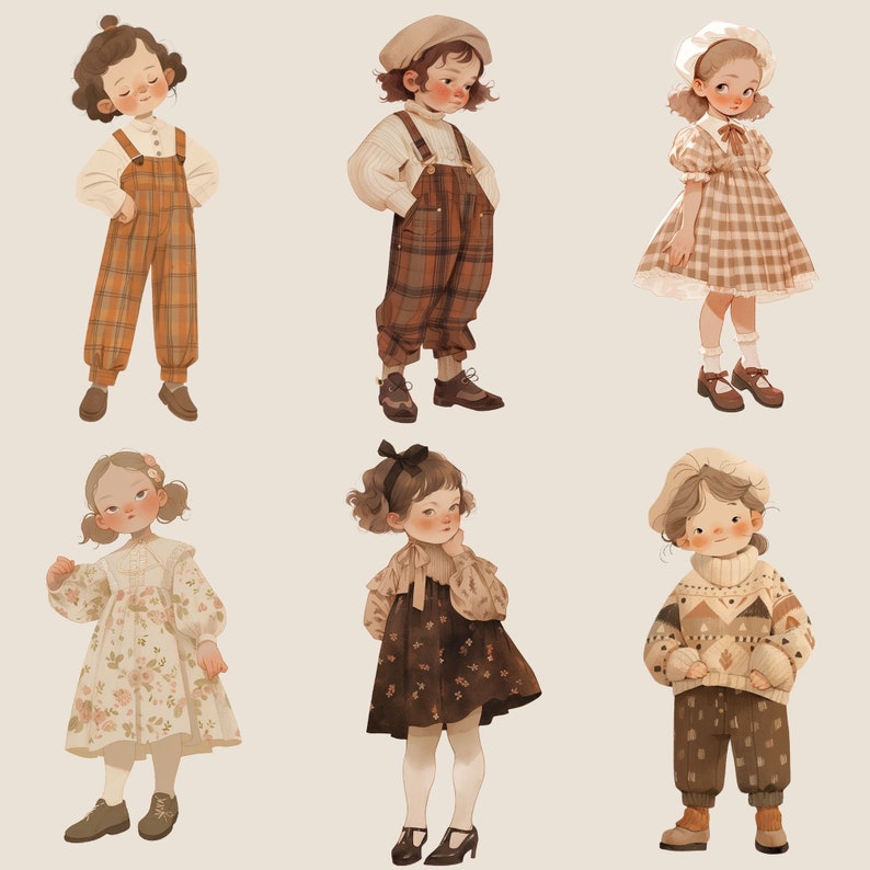 May include: Six illustrations of children wearing different outfits. The children are all girls with brown hair and are wearing various styles of dresses, pants, and sweaters. The illustrations are done in a soft, watercolor style.