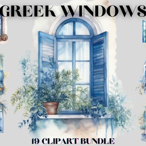 Fenêtre de style grec aquarelle, fenêtre rustique, paquet de cliparts, rebord de fenêtre, fenêtre florale, fenêtre vintage, clipart grèce