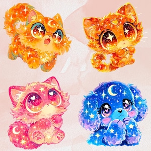 Puede incluir: Cuatro ilustraciones caprichosas de animales de fantas&iacute;a. Un gato naranja, un gato dorado, un gato rosa y un perro azul. Cada uno tiene ojos grandes con estrellas, lunas y corazones. Los animales est&aacute;n rodeados de detalles brillantes.