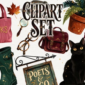 May include: A digital illustration set featuring a pink tote bag with the word BOOKS, a magnifying glass, tortoise shell glasses, a maroon satchel, a potted fern, a black cat, green rain boots, a sign reading POETS & CO, and a gold key.