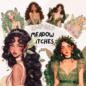 May include: Digital clipart set featuring illustrations of fantasy women with fairy wings and floral or leaf accents. The text "Clipart Meadow Witches 20" is displayed. The women have various hair colors and wear green, white, and purple dresses.