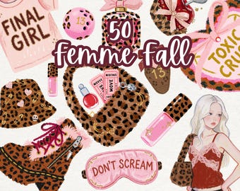 Y2K Horror Heartbreaker Clipart, Burnt Cherry Leopard Coquette Fall PNG, Blush Pink Movie Girl Stickers