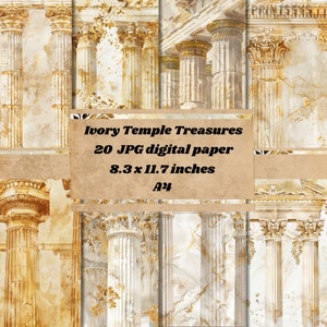 May include: A digital paper pack featuring 20 ivory and gold temple column designs. The pack includes 8.3 x 11.7 inch JPG files. The text "Ivory Temple Treasures 20 JPG digital paper 8.3 x 11.7 inches A4" is displayed on a brown background.
