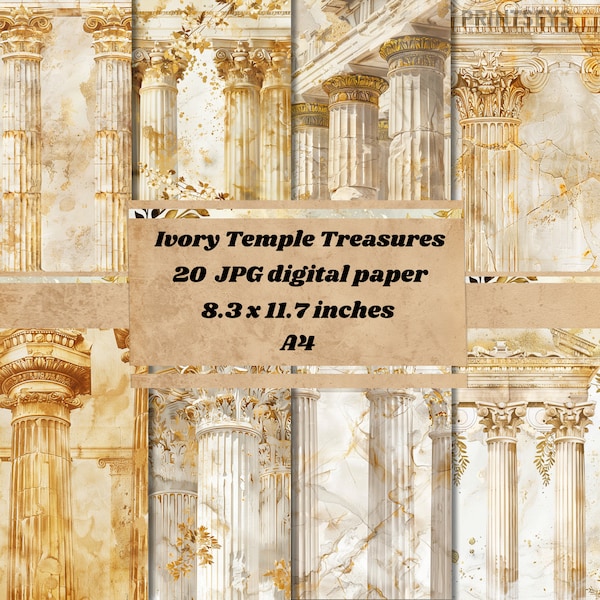 Ivory Temple Digital Paper, Greek travel vintage textured paper, scrapbooking  textures, ancient  temples columns  paper instant download
