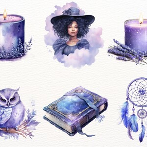 May include: A set of watercolor illustrations featuring a witch, candles, lavender, an owl, a book, and a dreamcatcher. The illustrations are in shades of purple and blue, with a white background.