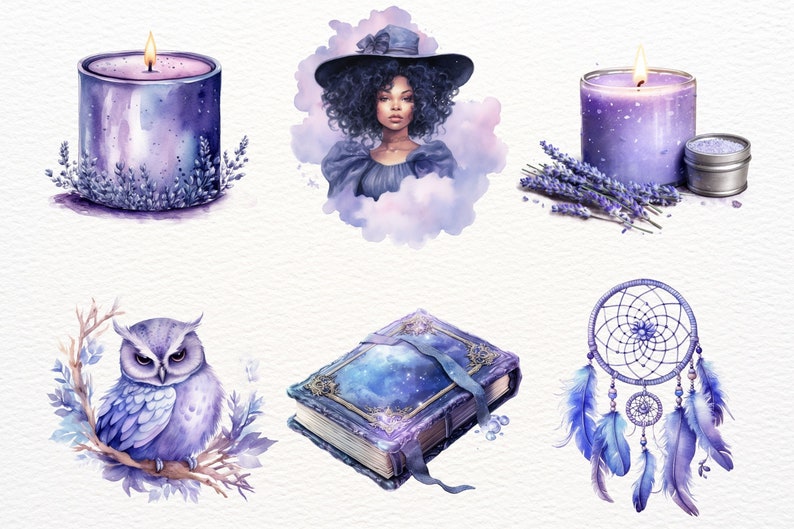 May include: A set of watercolor illustrations featuring a witch, candles, lavender, an owl, a book, and a dreamcatcher. The illustrations are in shades of purple and blue, with a white background.