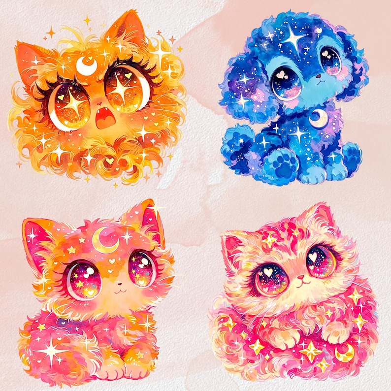Puede incluir: Cuatro ilustraciones caprichosas de animales celestiales: un gato naranja, un perro azul y dos gatos rosas y naranjas. Cada criatura tiene ojos grandes y expresivos con detalles de estrellas y luna, y una apariencia esponjosa. La obra presenta un estilo suave de acuarela.