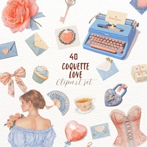 May include: A set of 40 digital clipart images featuring a vintage aesthetic. The images include a typewriter, a cupcake, a heart-shaped balloon, a fan, a teacup, a corset, a lock, a bow, a rose, and envelopes. The text "40 Coquette Love Clipart Set" is included in the image.