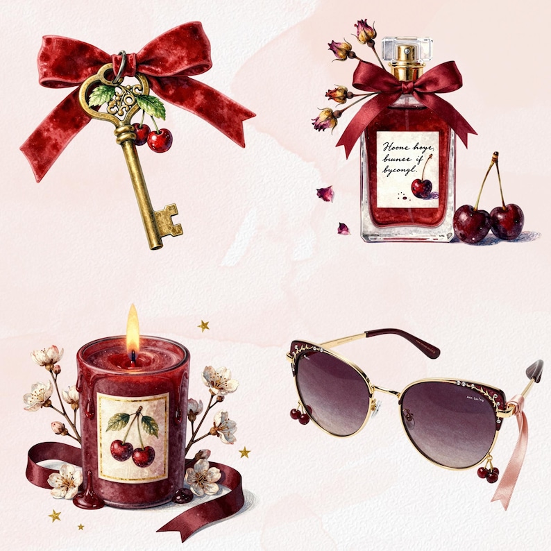 May include: An artistic illustration featuring a gold key with cherries and a red bow, a perfume bottle with a red bow and cherries, a red candle with a cherry label, and sunglasses with cherry charms. The items are set against a pink background.
