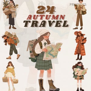 Lindo paquete Vintage Autumn Traveler Clipart, imágenes prediseñadas de senderismo, maleta png, viajes de negocios png, transparente, descarga instantánea.fashion png