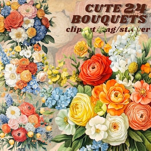 Buquê de flores delicadas em aquarela, pacote de clipart, buquê de decoração de casamento, transparente, download instantâneo, adesivos digitais florais, diário
