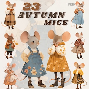 Pacote de clipart de ratos de outono em aquarela, cottagecore, clipart aconchegante, clipart de outono, moda, mouse, vintage, rústico, romântico, sonhador